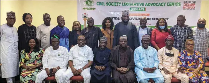  ??  ?? Cross sections of legislator­s, CISLAC members and journalist­s at the one-day retreat on Institutio­nalising Legal Framework for the Protection of Civilians in Armed Conflicts