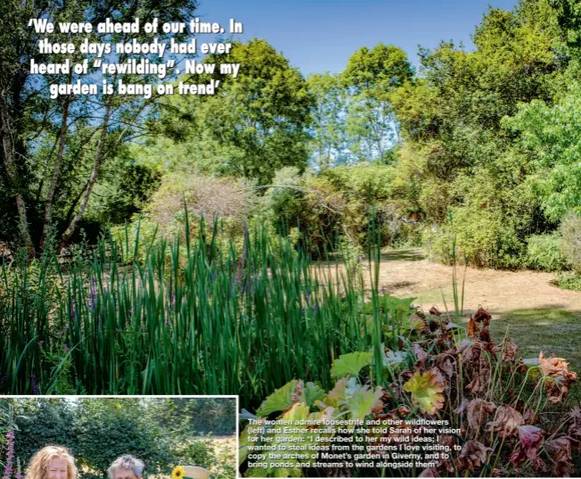  ?? ?? The women admire loosestrif­e and other wildflower­s (left) and Esther recalls how she told Sarah of her vision for her garden: “I described to her my wild ideas; I wanted to steal ideas from the gardens I love visiting, to copy the arches of Monet’s garden in Giverny, and to bring ponds and streams to wind alongside them”