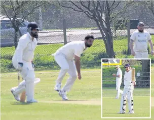  ??  ?? Qamar Hafiz pictured bowling on his Widnes debut which brought him four wickets against Upton while ( inset) teammate Majid Majeed celebrates reaching his 50 en route to making a super 86 in his side’s win.