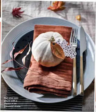  ?? ?? Pair your mini gourd with a napkin in an autumnal shade