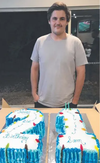  ??  ?? Sam Leschke at his 21st birthday party and, inset, flowers left outside the Mudgeeraba home where Sam’s body was found on Saturday morning.