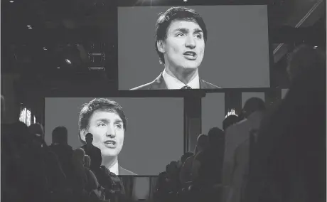  ?? DARREN CALABRESE/THE CANADIAN PRESS ?? Projected onto a video screen at the federal Liberal national convention in Halifax, Prime Minister Justin Trudeau delivered an off-brand speech that ignored first-term policy misfires.