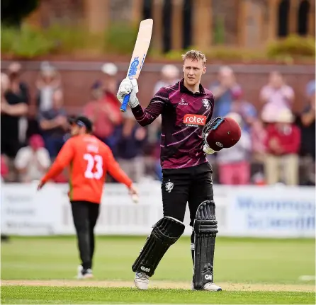  ??  ?? George Bartlett celebrates Somerset’s century score but county suffered a second successive defeat