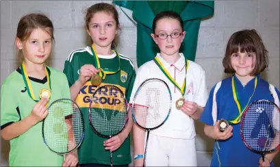  ??  ?? The Juvenile Badminton season got off the ground last Saturday in Killarney Sports and Leisure Centre with the U-11 Girls Doubles winners and runners-up, from left, Nicole Vesko, Listowel, Aine Curran, Annascaul, Darina Ellen Burke, Milltown, and Lily Falvey from Annascaul.