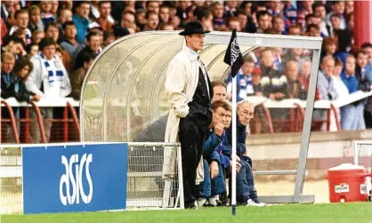  ??  ?? Simon Stainrod, in his his Dick Tracy attire, leads Dundee to a famous win over Rangers in August 1992. Photograph: Dundee Evening Telegraph