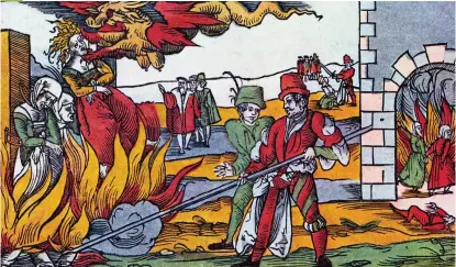  ?? ?? uomen accused of witchcraft are burned at the stake in berneburg, eermany, in a 1555 engraving. This fate was common in continenta­l Europe – but, in England and lorth America, “witches” were hanged instead