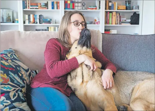  ??  ?? Monica Finlay hangs out with her dog Ozzie in Guelph, Ont. March 29, 2017. Finlay and her husband have been spending $45 a month for pet insurance since they got their German shepherd mix, Ozzie, about six years ago.