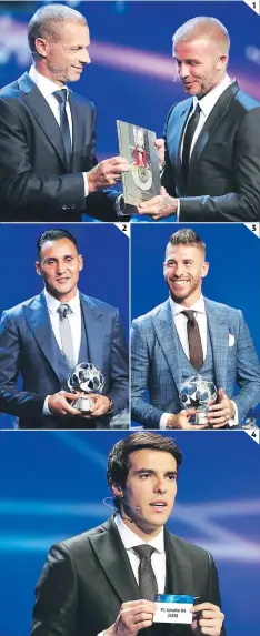  ?? FOTOS: AFP/AP ?? (1) David Deckham recibió el premio Presidente de la UEFA por su trayectori­a en el fútbol. (2) Keylor Navas, el orgullo tico, ganó Mejor portero. (3) Sergio Ramos, Mejor defensa. (4) Kaká fue la “mano santa” para escoger en los bombos los equipos.