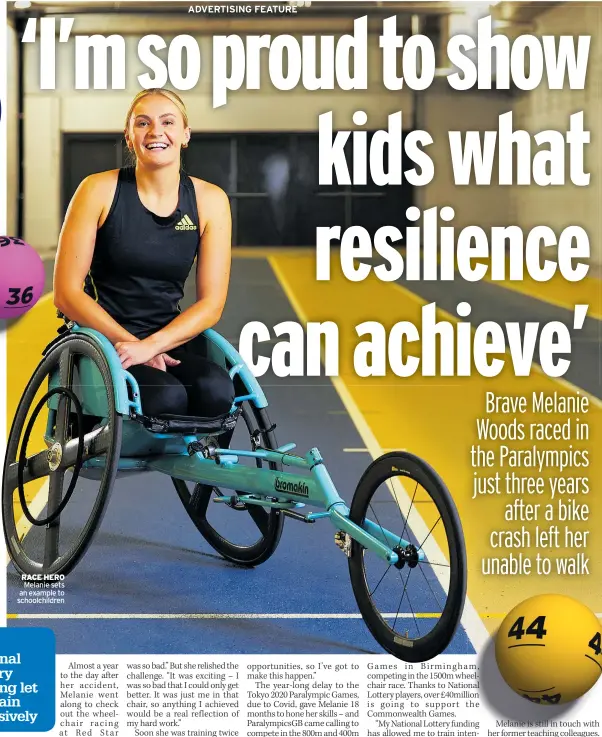  ?? ?? RACE HERO Melanie sets an example to schoolchil­dren