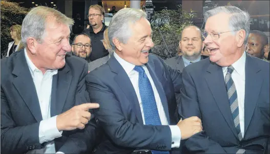  ?? JOE GIBBONS/THE TELEGRAM ?? Former Newfoundla­nd and Labrador premiers (from left) Roger Grimes, Brian Tobin and Clyde Wells attend Vale’s announceme­nt Monday morning in the Sheraton Hotel Newfoundla­nd’s courtyard.