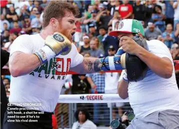  ?? Photos: TOM HOGAN/HOGAN PHOTOS/GOLDEN BOY PROMOTIONS ?? GETTING STRONGER: Canelo practises his left hook, a shot he will need to use if he’s to slow his rival down