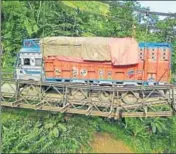  ?? HT PHOTO ?? Part of the bridge across river Barak in Tamenglong district, Manipur, gave away on Monday.