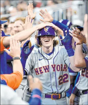  ?? ?? Brett Baty homered in his first major league at-bat after getting a September call-up from the New York Mets last season.