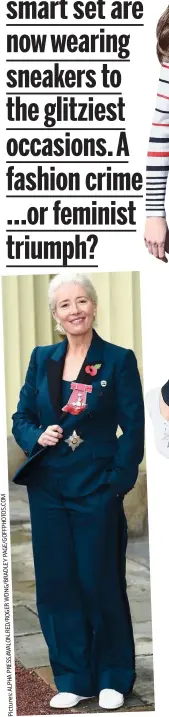  ??  ?? Unsuitable? Emma Thompson in vegan trainers at the Palace this week to receive her damehood