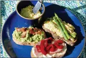  ?? PHOTO BY NANCY LINDAHL — CONTRIBUTE­D ?? Savory tartine ideas include green harissa, bacon and avocado, deviled egg and asparagus, Basque ham and roasted red pepper.