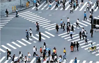  ?? AFP-Yonhap ?? People cross a road in a shopping area in Shanghai, Monday. China’s factories and workshops saw their output slow sharply in April, data showed amid tighter credit and weaker demand.