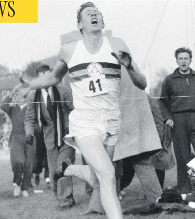  ?? THE ASSOCIATED PRESS/FILES ?? Britain’s Roger Bannister hits the tape to break the four-minute mile in Oxford, England on May 6, 1954. Though proud of his achievemen­t, he described it as “the shadow of my being, not the substance.”