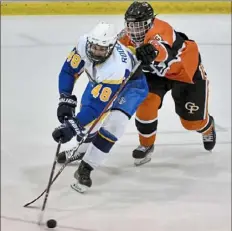  ?? Matt Freed/Post-Gazette ?? Canon-McMillan's Tyler Rodgers reaches for the puck against Erie Cathedral Prep's Garrett Sample Tuesday at Printcape Arena in Canonsburg.