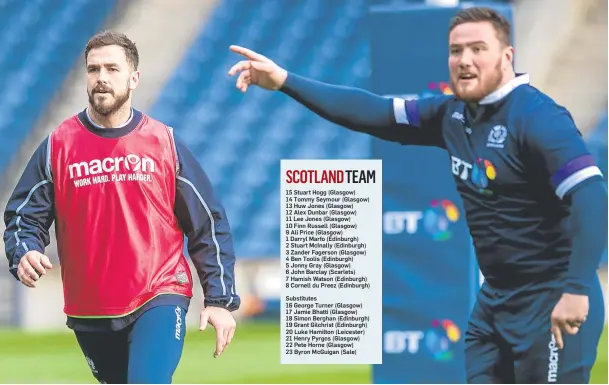  ??  ?? CAPTAIN’S RUN: Alex Dunbar, left, and Zander Fagerson work up a sweat during Scotland training at Murrayfiel­d yesterday