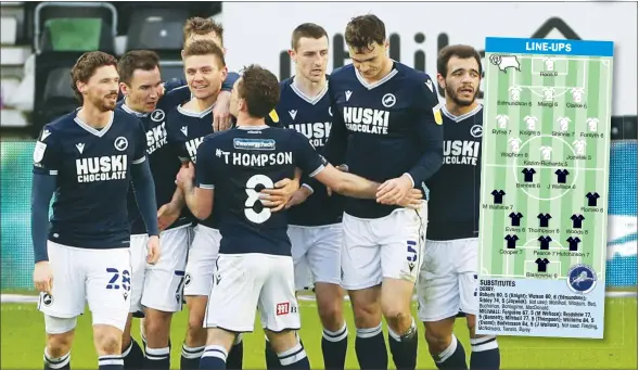  ??  ?? PRIDE OF LIONS: Millwall’s Shaun Hutchinson, third left, celebrates scoring what was their winner