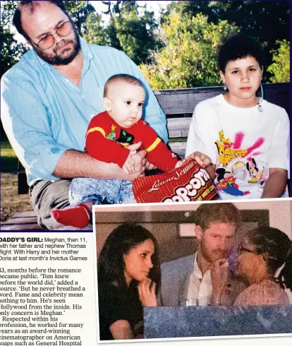  ??  ?? DADDY’S GIRL: Meghan, then 11, with her father and nephew Thomas Right: With Harry and her mother Doria at last month’s Invictus Games