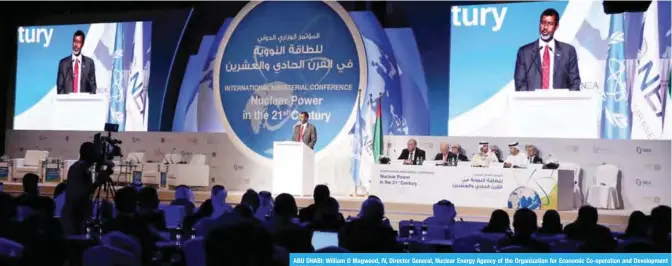  ??  ?? ABU DHABI: William D Magwood, IV, Director General, Nuclear Energy Agency of the Organizati­on for Economic Co-operation and Developmen­t (OECD-NEA) speaks during the Nuclear Power in the 21st Century Internatio­nal Ministeria­l conference in Abu Dhabi yesterday. — AFP