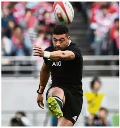  ?? — AFP ?? In top form: New Zealand’s All Blacks fly-half Richie Mo’unga kicks the ball during the Test match against Japan in Tokyo yesterday.