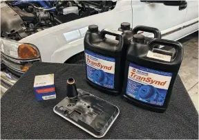  ??  ?? Of course, in order to swap out that valve body that is housed within the transmissi­on, the pan fluid must be drained, and the pan dropped. So, what better time to complete a transmissi­on service. New internal filter, new spin-on external filter, and a couple gallons of Allison’s Transynd automatic transmissi­on fluid.