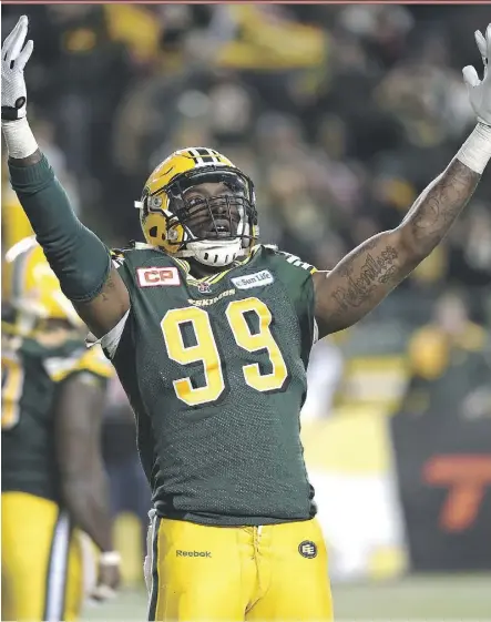  ?? ED KAISER/FILES ?? Defensive lineman Willie Jefferson was a major contributo­r to Edmonton’s Grey Cup victory last year. Released by the NFL’s Washington Redskins in August, he’s looking to return to the CFL.