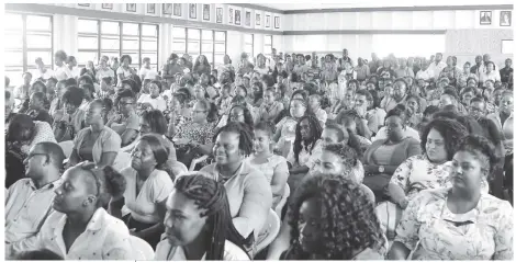  ?? (Terrence Thompson photo) ?? The teachers who congregate­d at the Guyana Teachers’ Union headquarte­rs yesterday afternoon for a meeting with the union executive.