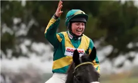  ??  ?? Bryony Frost celebrates after riding Present Man to win the Badger Beers Chase at Wincanton in 2018. Photograph: Alan Crowhurst/Getty Images