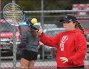  ?? CHUCK RIDENOUR/SDG Newspapers ?? Lady Whippet doubles player Mollie Eith sends the ball back across the net during Thursday’s match with Clear Fork. A late afternoon thundersho­wer suspended the match. SHS travels to River Valley Saturday morning.