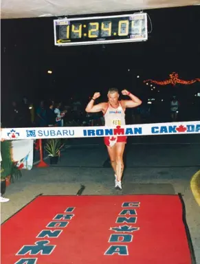  ??  ?? OPPOSITE Derek Duvall at the inaugural Subaru Ironman 70.3 Canada 2016
RIGHT Duvall finishing Subaru Ironman Canada 1997