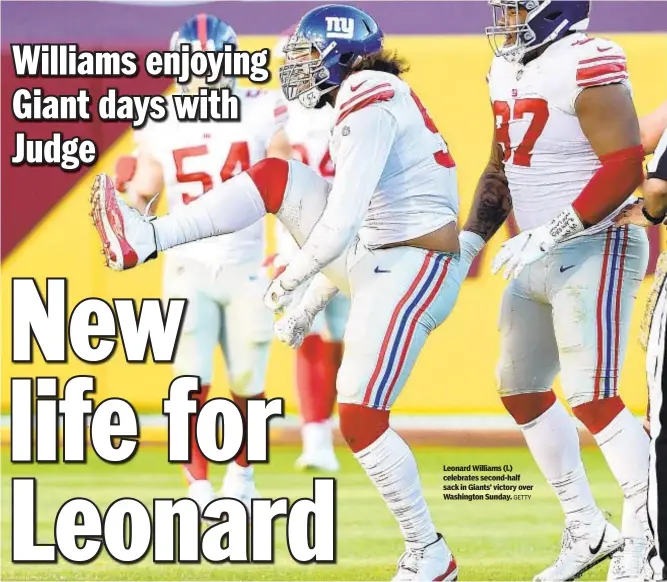  ?? GETTY ?? Leonard Williams (l.) celebrates second-half sack in Giants’ victory over Washington Sunday.