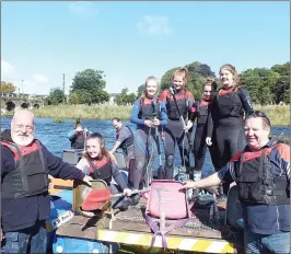  ??  ?? The ‘Hairy Army’ team of Mick Flynn, Abby Buckley, Ciara Fitzpatric­k, Leanne Flynn, JJ Shanahan, Faith Donnelly and Aoibheann Daly getting ready to head out on the River Blackwater ahead of last year’s Mallow Seach & Rescue Raft Run.