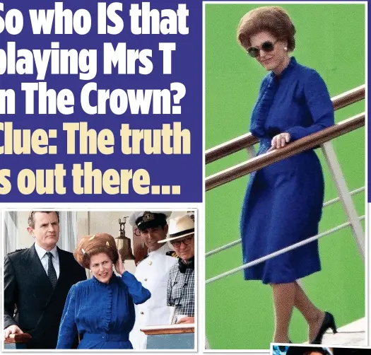  ??  ?? THE X-PM: Gillian Anderson, top left and top right, stars as Mrs Thatcher. Above: With Charles Edwards as the Queen’s aide Martin Charteris. Right: In The X-Files alongside David Duchovny