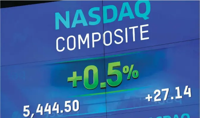  ??  ?? NEW YORK: An electronic screen shows the Nasdaq Composite at the Nasdaq MarketSite yesterday in New York. — AP