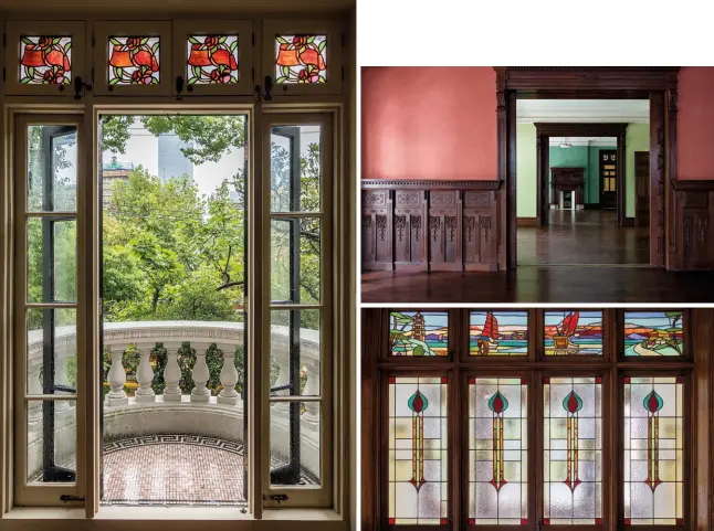  ??  ?? PRADA’S PRIDE Clockwise from top left: Beautifull­y detailed tiled floors throughout the home; handcarved wooden dado panelling and a glimpse into the former meeting room; the ballroom with the 45sqm skylight; the stained-glass windows in the former sunroom feature images of junks meandering past a pagoda