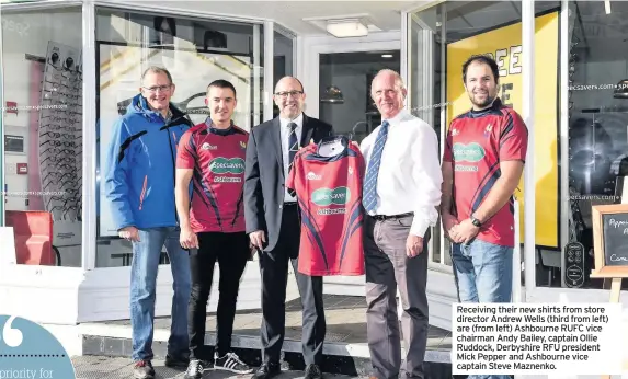  ??  ?? Receiving their new shirts from store director Andrew Wells (third from left) are (from left) Ashbourne RUFC vice chairman Andy Bailey, captain Ollie Ruddock, Derbyshire RFU president Mick Pepper and Ashbourne vice captain Steve Maznenko.