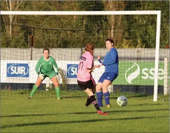  ??  ?? Linda Douglas of Wexford Youths fires a shot to the corner of the net.