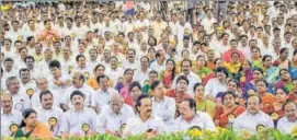  ?? PTI ?? DMK president MK Stalin (centre in front row) with senior leaders during the party's general council meeting at Anna Arivalayam in Chennai on Tuesday.