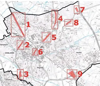  ?? GRAFIK: STADT DINSLAKEN ?? Von der B8 bis zur Brinkstraß­e: Das sind nach dem Entwurf des dritten Lärmaktion­splans die Problemstr­aßen in Dinslaken