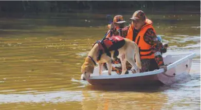  ??  ?? ... A dog from the Selangor Fire and Rescue Department's Canine (K-9) Unit helping to search for the sixth and seventh victims of the fishing tragedy at Bukit Beruntung in Sungai Selangor yesterday.