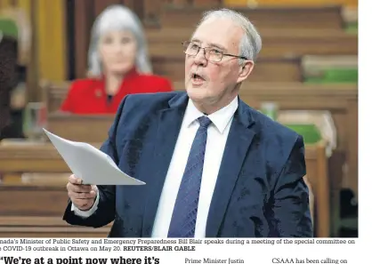  ?? REUTERS/BLAIR GABLE ?? Canada’s Minister of Public Safety and Emergency Preparedne­ss Bill Blair speaks during a meeting of the special committee on the COVID-19 outbreak in Ottawa on May 20.