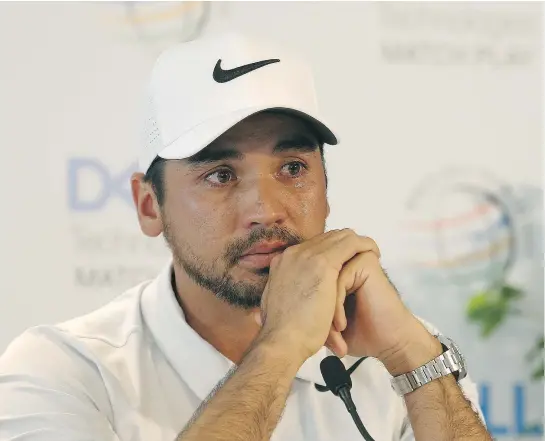  ?? — GETTY IMAGES FILES ?? Jason Day of Australia addresses the media after withdrawin­g from round one of the World Golf Championsh­ips-Dell on March 22 following news his mother was diagnosed with lung cancer.