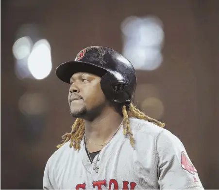  ?? AP PHOTO ?? EMPTY FEELING: Hanley Ramirez walks back to the dugout after striking out in the seventh inning of the Red Sox’ 3-2 loss to the Orioles last night in Baltimore.