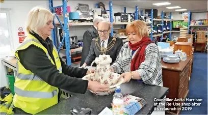  ?? ?? Councillor Anita Harrison at the Re-use shop after its relaunch in 2019