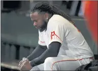  ?? NHAT V. MEYER — STAFF PHOTOGRAPH­ER ?? Giants starter Johnny Cueto, who struugled Tuesday night against the Brewers, has been placed on the 10-day injured list.