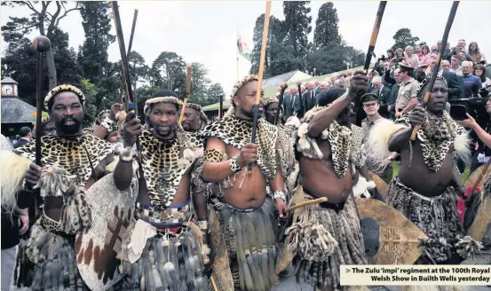  ??  ?? > The Zulu ‘impi’ regiment at the 100th Royal Welsh Show in Builth Wells yesterday