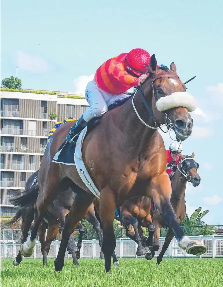  ?? ?? Apache Chase dashes clear to victory in The Gateway at Eagle Farm. Picture: Grant Peters - Trackside Photograph­y